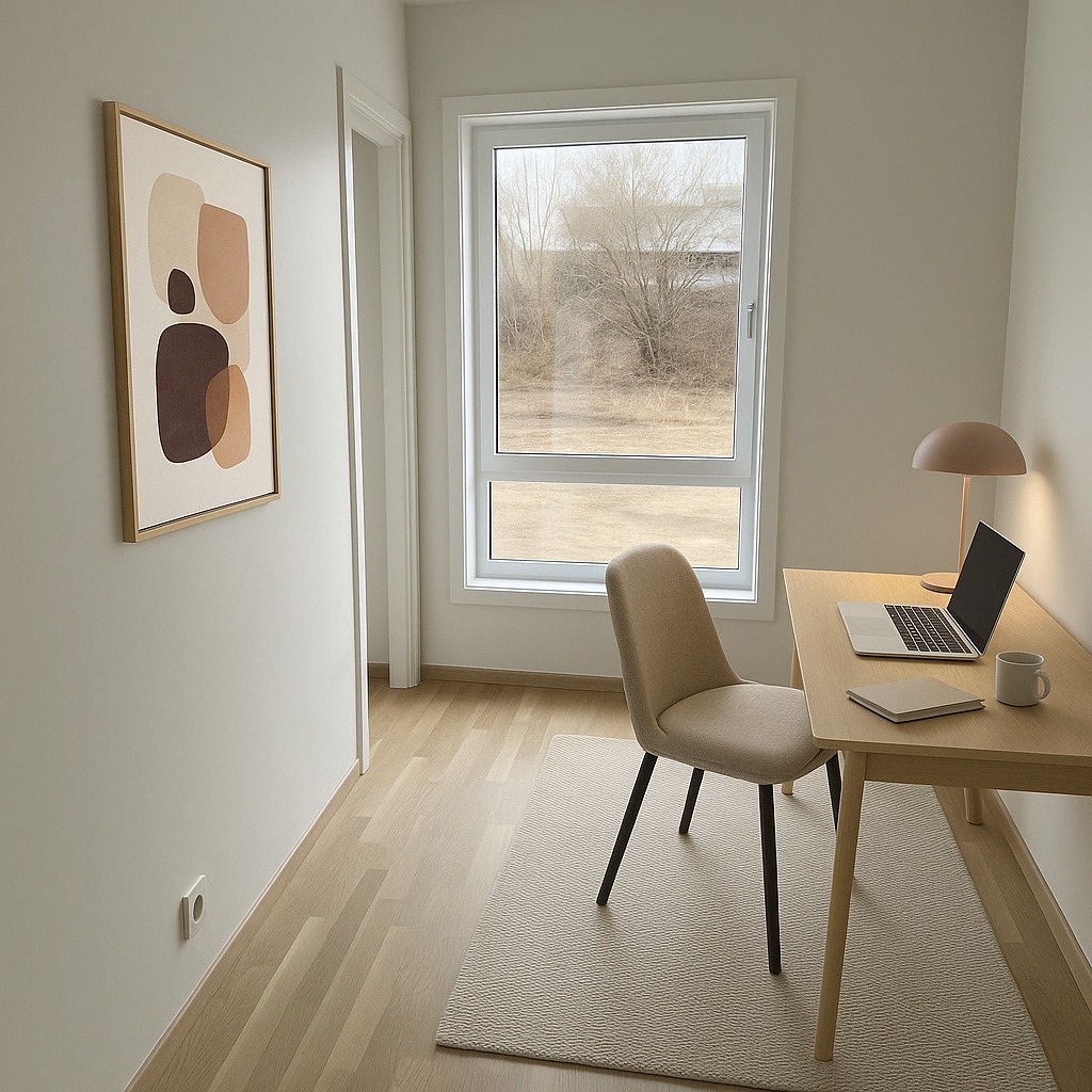 Soverom 1 – møblert med AI:
Slik kan du innrede hovedsoverommet! Eksempelvis med dobbeltseng, nattbord, kommode og dekor – rommet gir både funksjon og komfort i en elegant ramme.