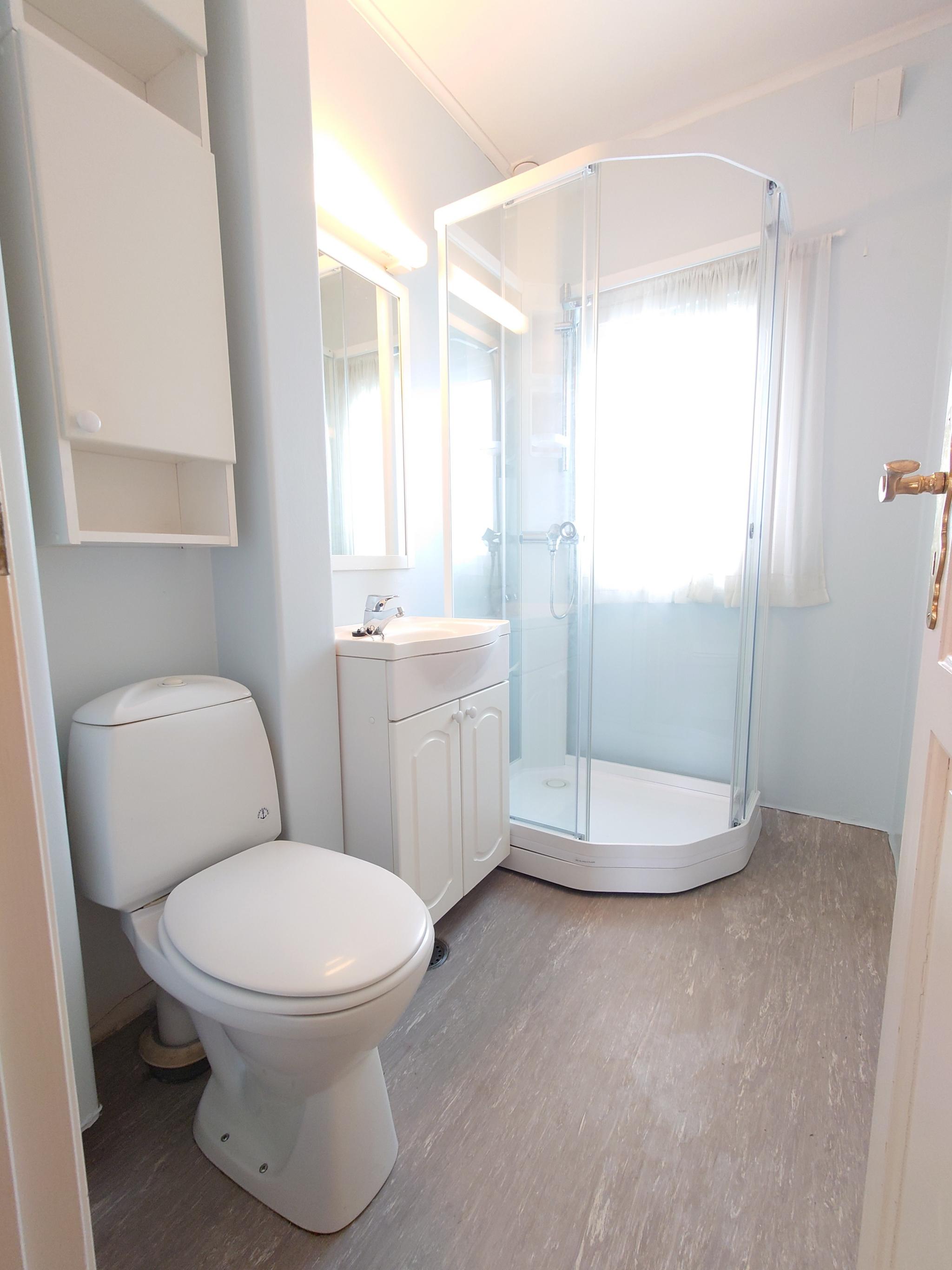 Koselig bad med dusj og toalett. Lyst og fint. Obs: Plass til vaskemaskin og tørketrommel i kjelleren.