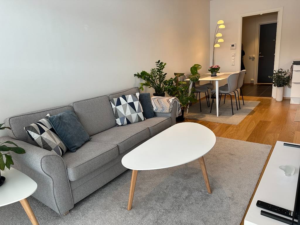 Stuerommet med gangen bak. Stuerommet og gang har vannbåren varme i gulv. 