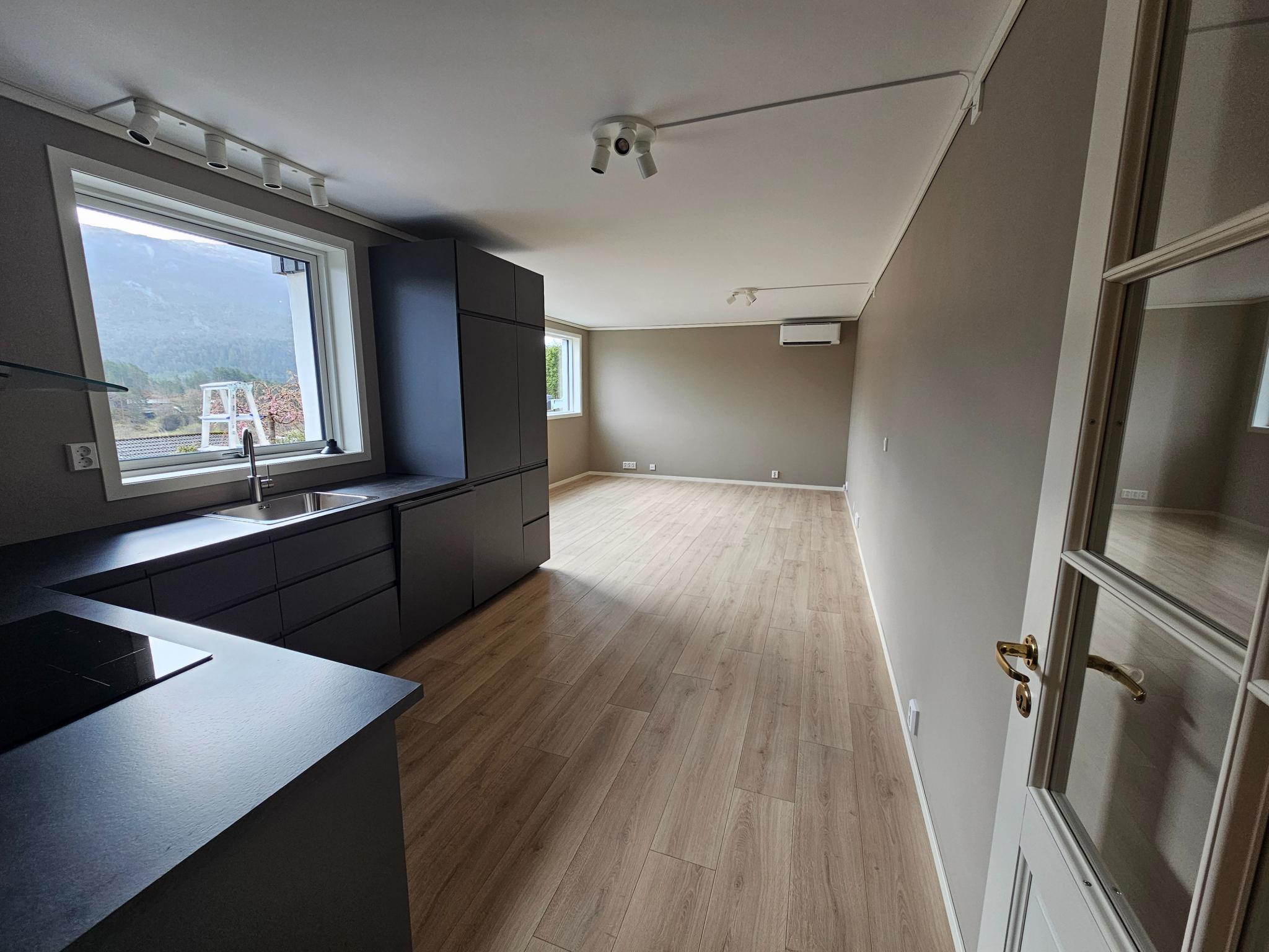 Kjøkken/stue nyoppusset, nye vegger tak. Nye vindu og helt nytt kjøkken.