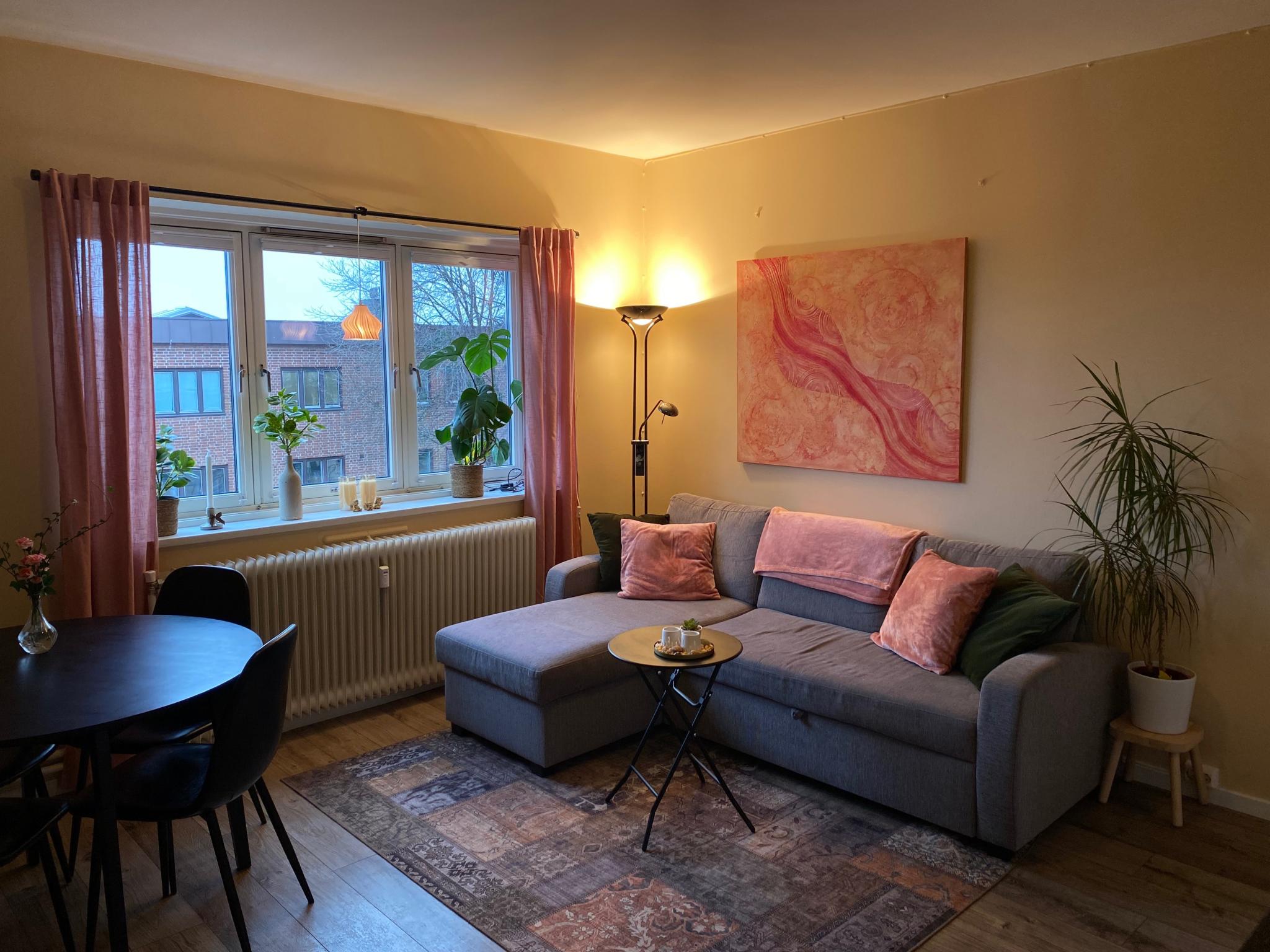 Romslig og åpen stue med god belysning.