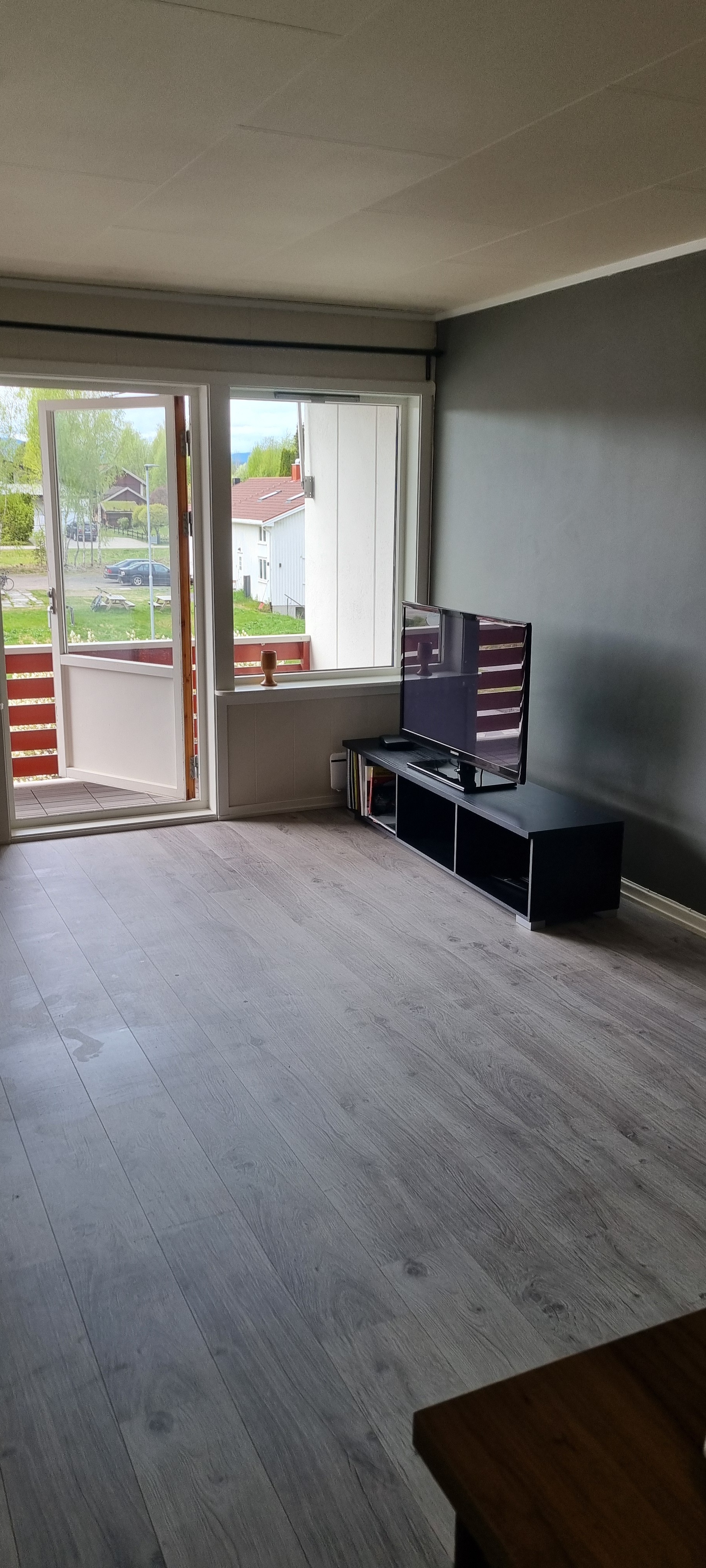Stue med mørkegrå kontrast vegg.