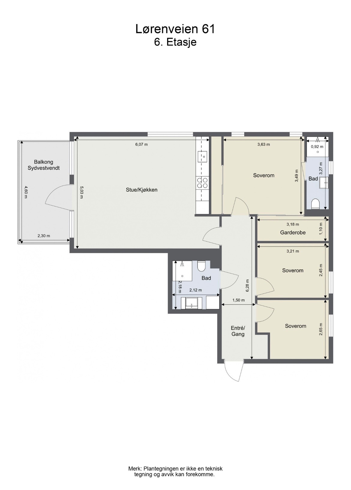 Plantegning. Leiligheten ligger i 6. etasje med heisadkomst