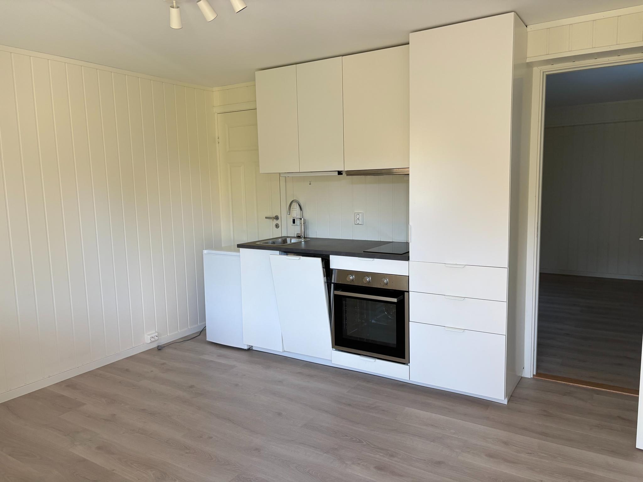 Kjøkken - moderne kjøkken med integrert kjøleskap, oppvaskmaskin og stekeovn. Frittstående fryser følger også med.