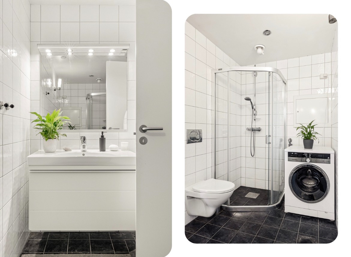 Stilrent bad. Ekstra kommode (smal) er satt inn 