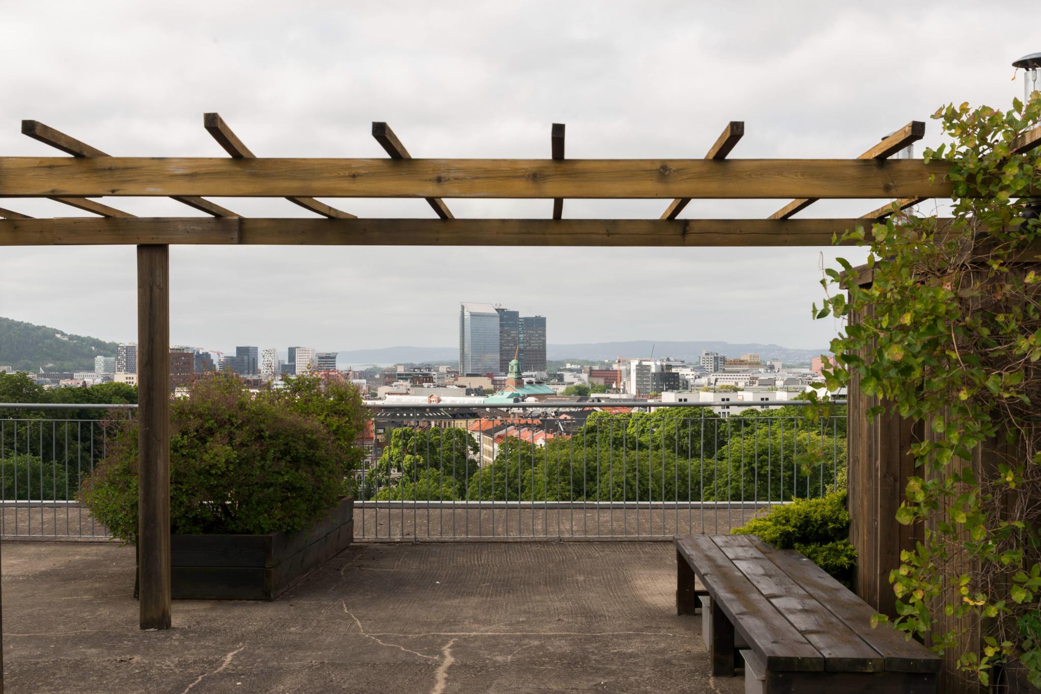 Tilgang til nydelig opparbeidet takterasse med utsikt over hele byen