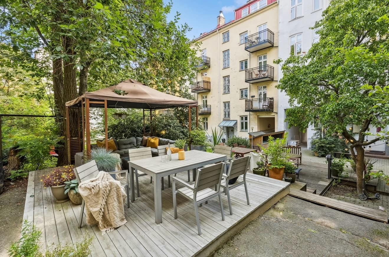 Bakgård (m/ grill) som sjeldent brukes. Veldig hyggelig naboer som oppfordrer til forsvarlig og trivelig bruk av bakgården.