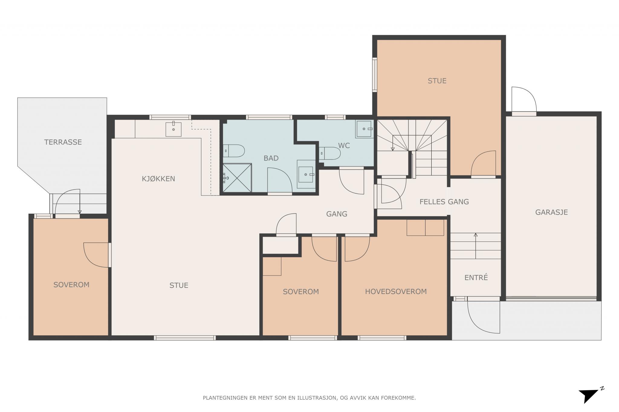 Plantegning. Soverom 4 er betegnet som stue på tegningen