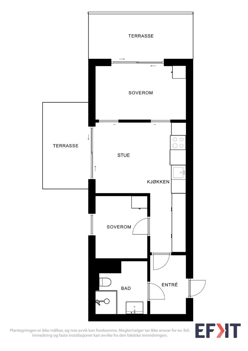 Smart planløsning med to soverom, åpen stue/kjøkkenløsning og to terrasser