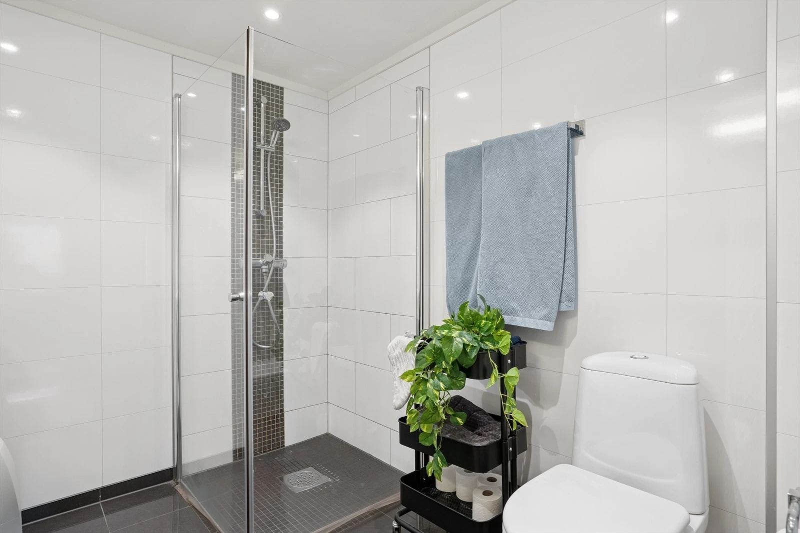 Dusjhjørne med innfellbare glassvegger.