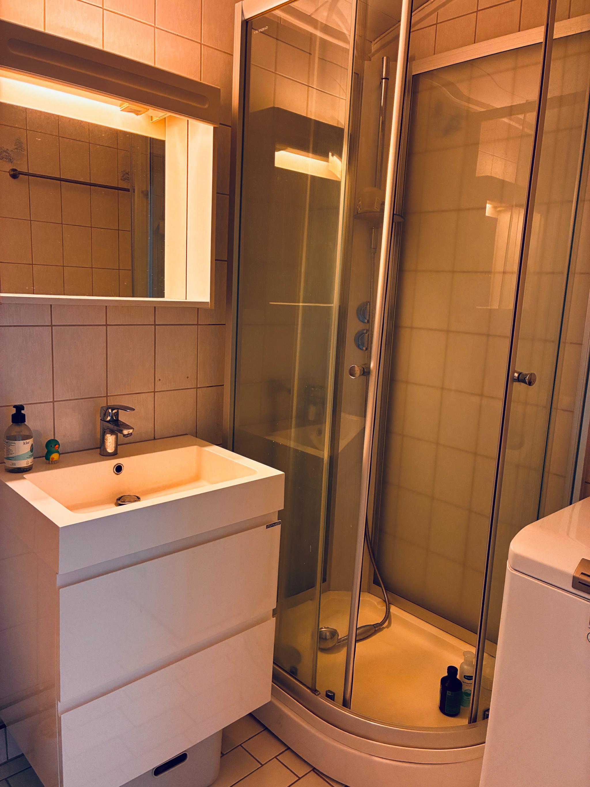 Baderom med toppmatet vaskemaskin (dusjkabinett skal skiftes)