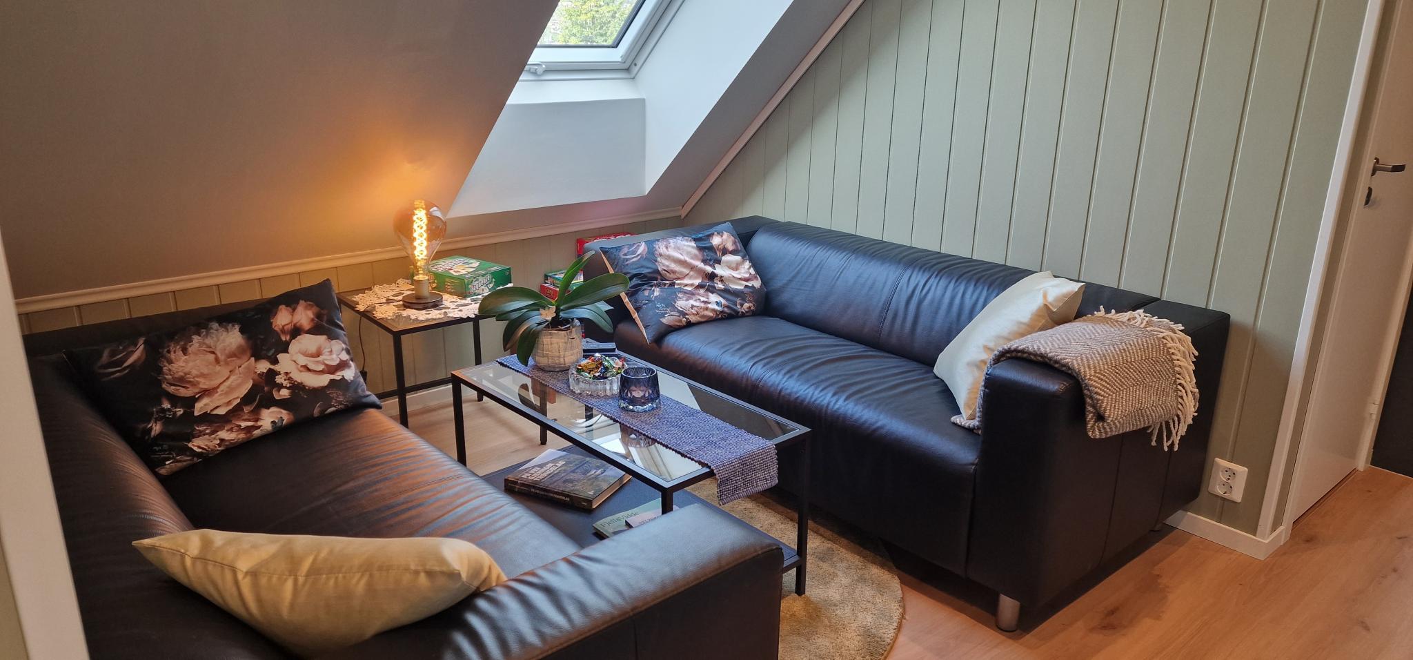 Stuekrok med blendingsgardiner inne i vinduet. Solen skinner inn her om dagen. Men er supert å se på tv, siden blendingsgardinen gjør det mørkt.