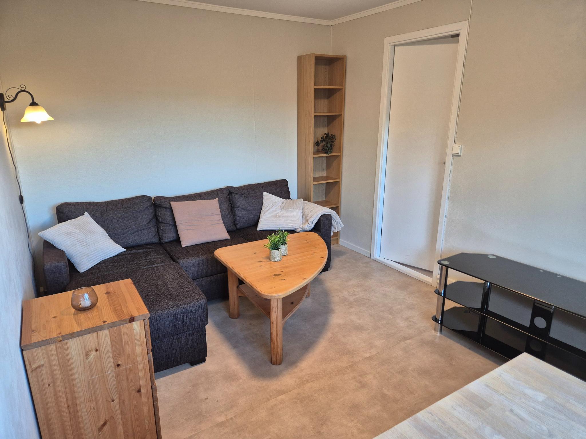 Stue med sovesofa og tv-bord.