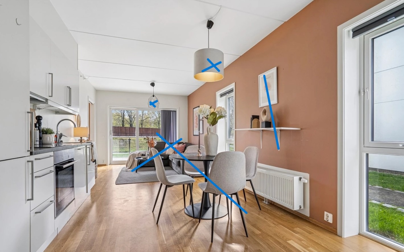 Kjøkken / stue. Bildet har "visningsmøbler" som IKKE er der i dag.