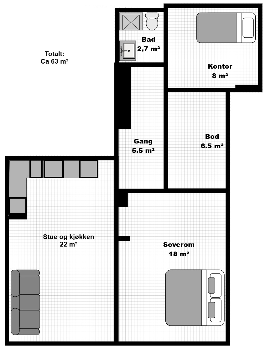 Tegnet planløsning – mål er omtrentlige og viser rommenes plassering.