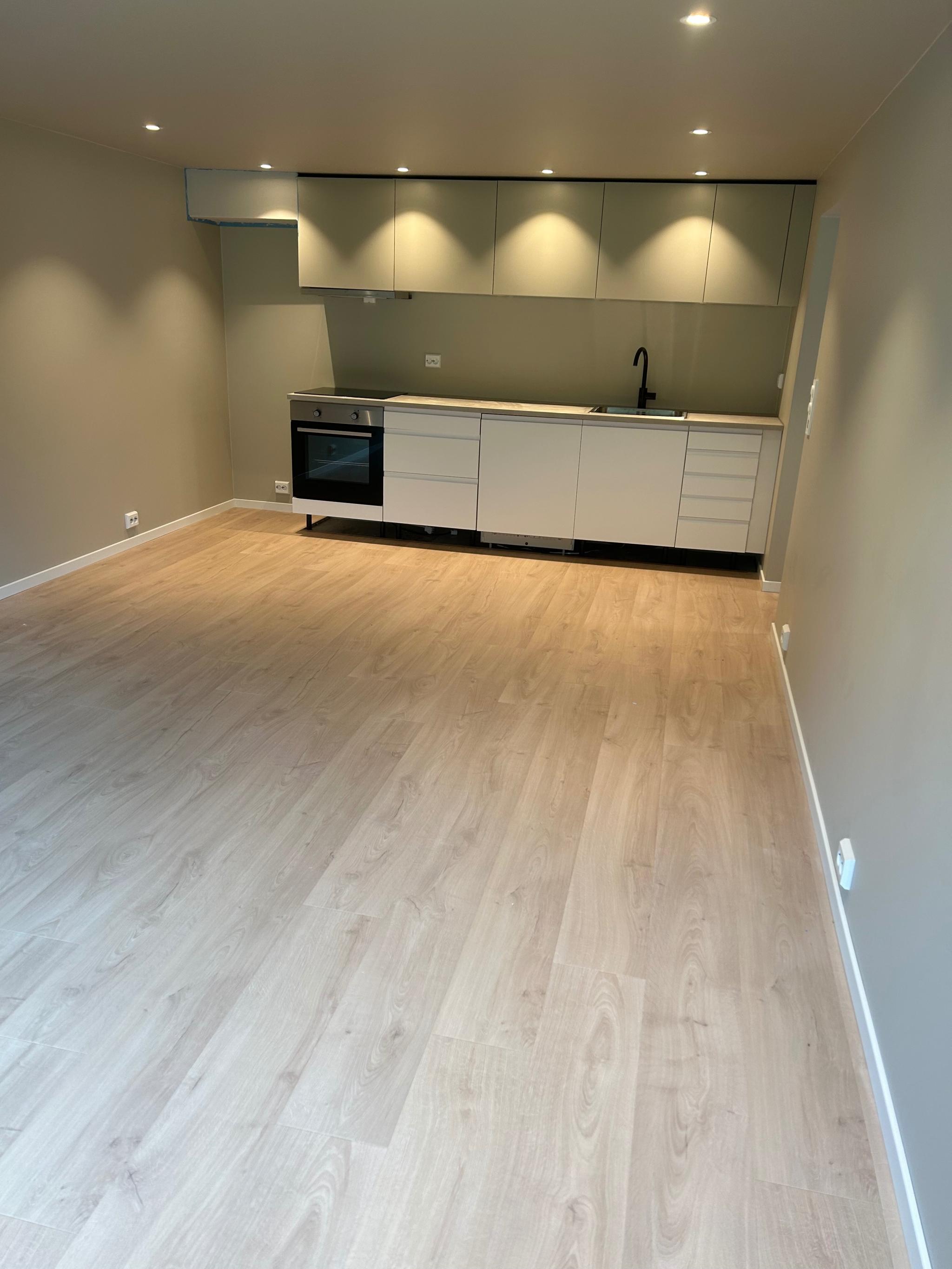 Stue/kjøkken. Kjøleskap er satt inn etter bildet ble tatt.