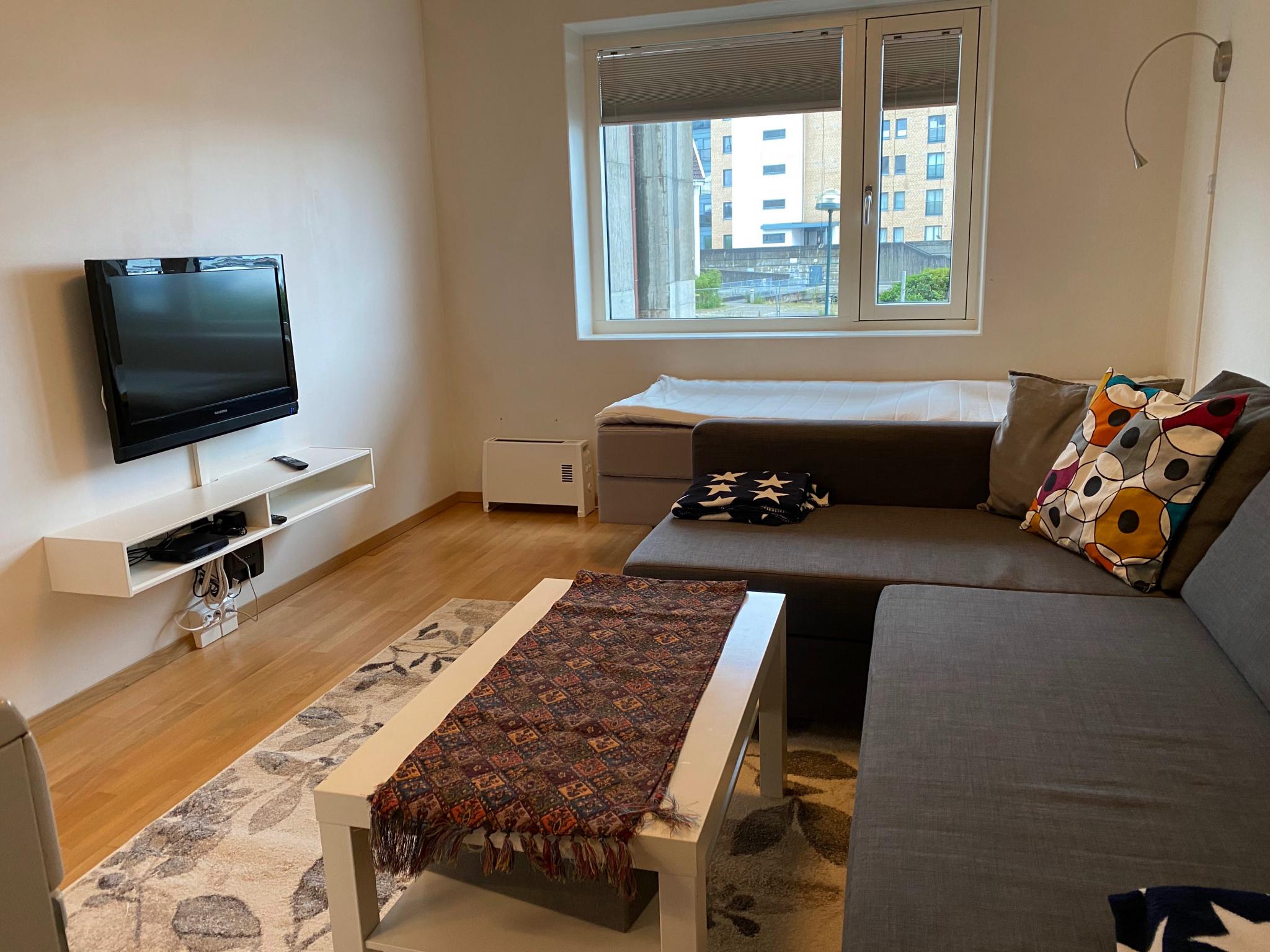 Stue med seng ved vindu og sovesofa