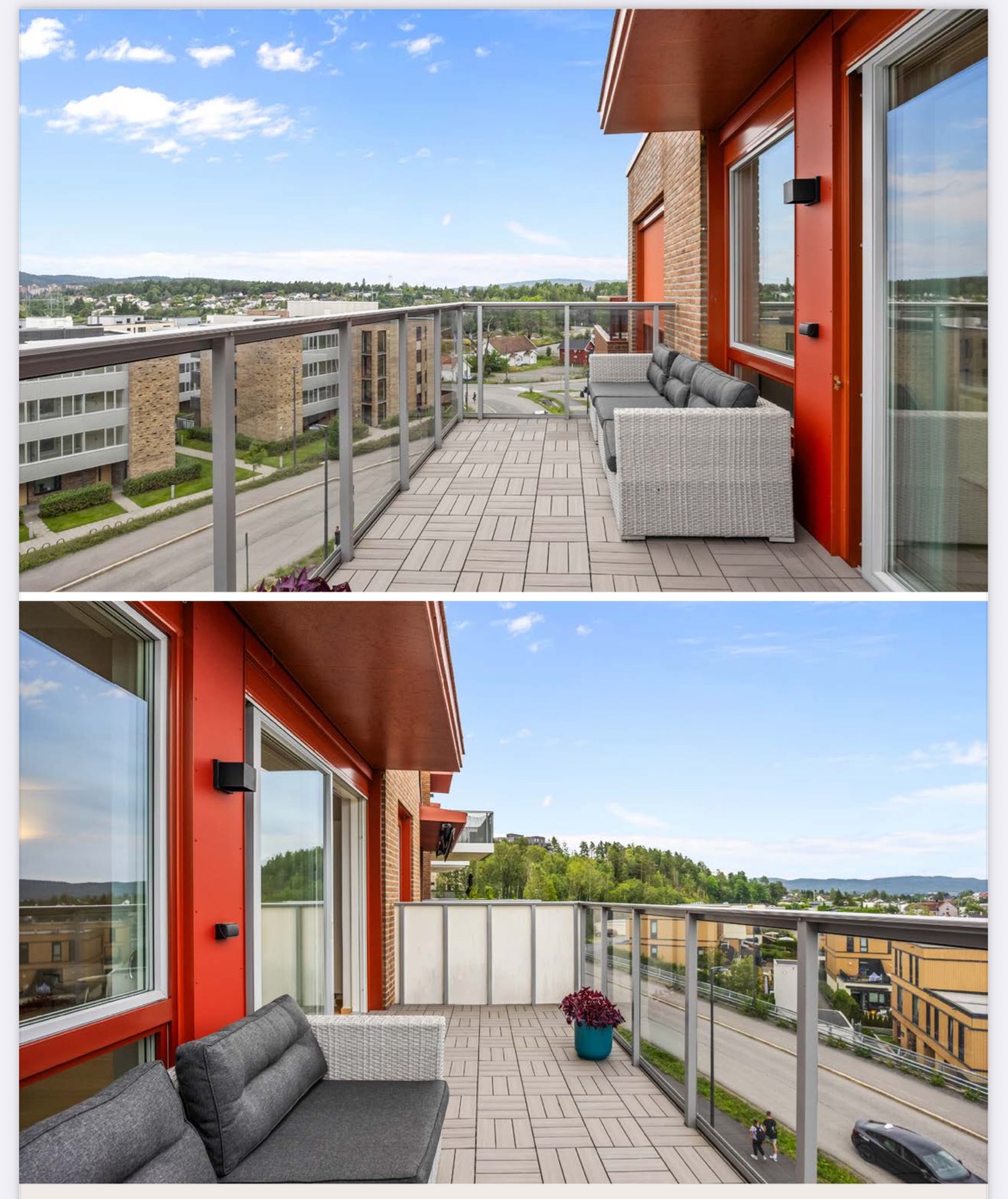 Stor og solrik sørvendt balkong med utsikt 
