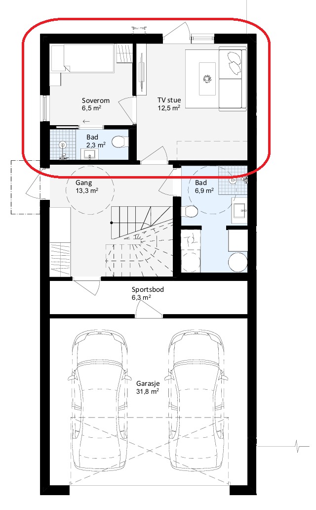 Planløsning av hybelen(rød boks)