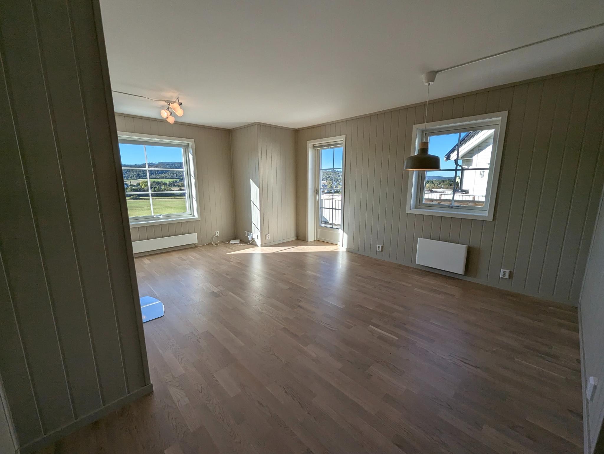 God plass til både sofakrok og spisegruppe. Utgang til terrasse fra stue