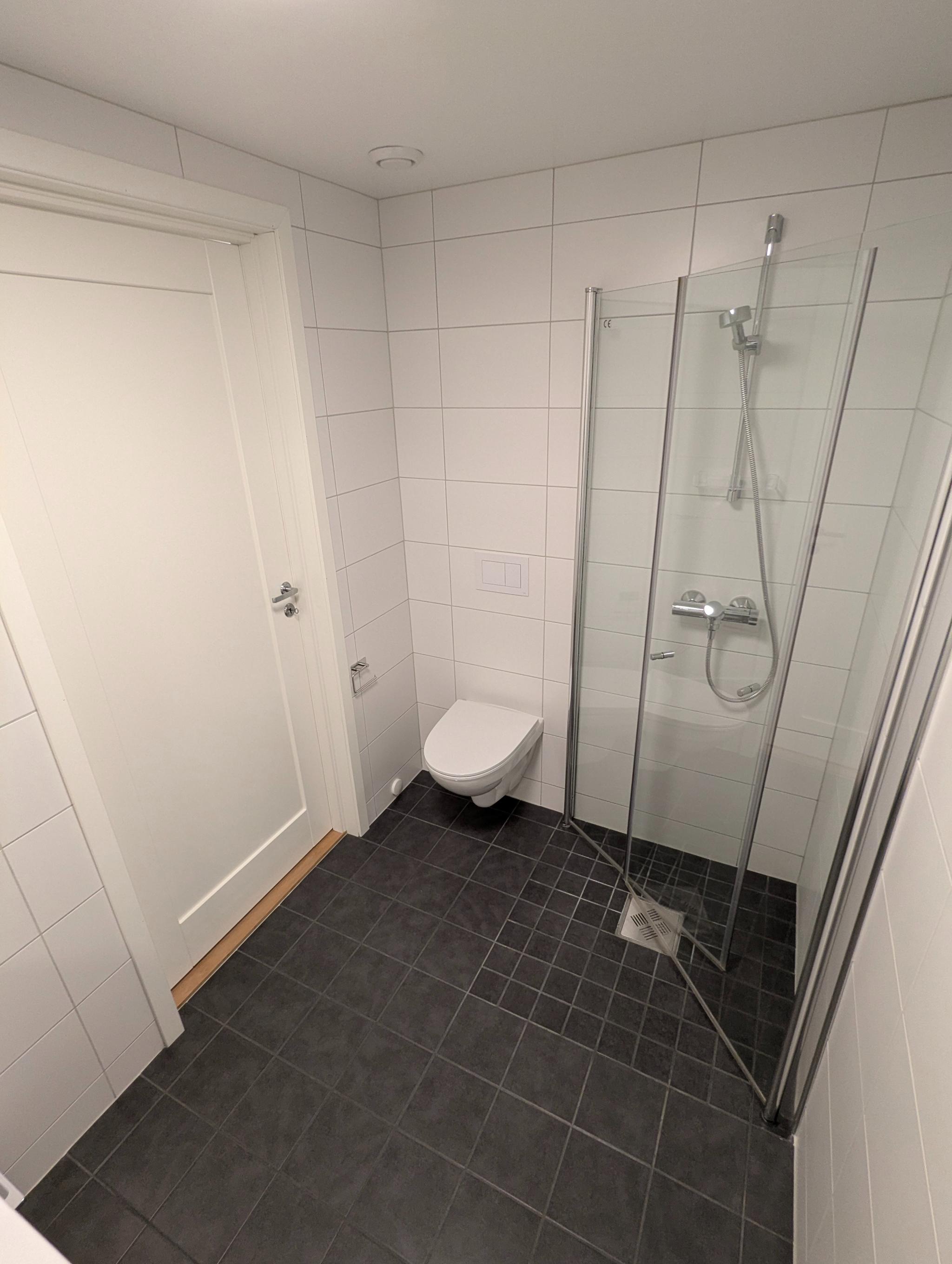 Dusjhjørne m/ innfellbare glassdører og vegghengt toalett