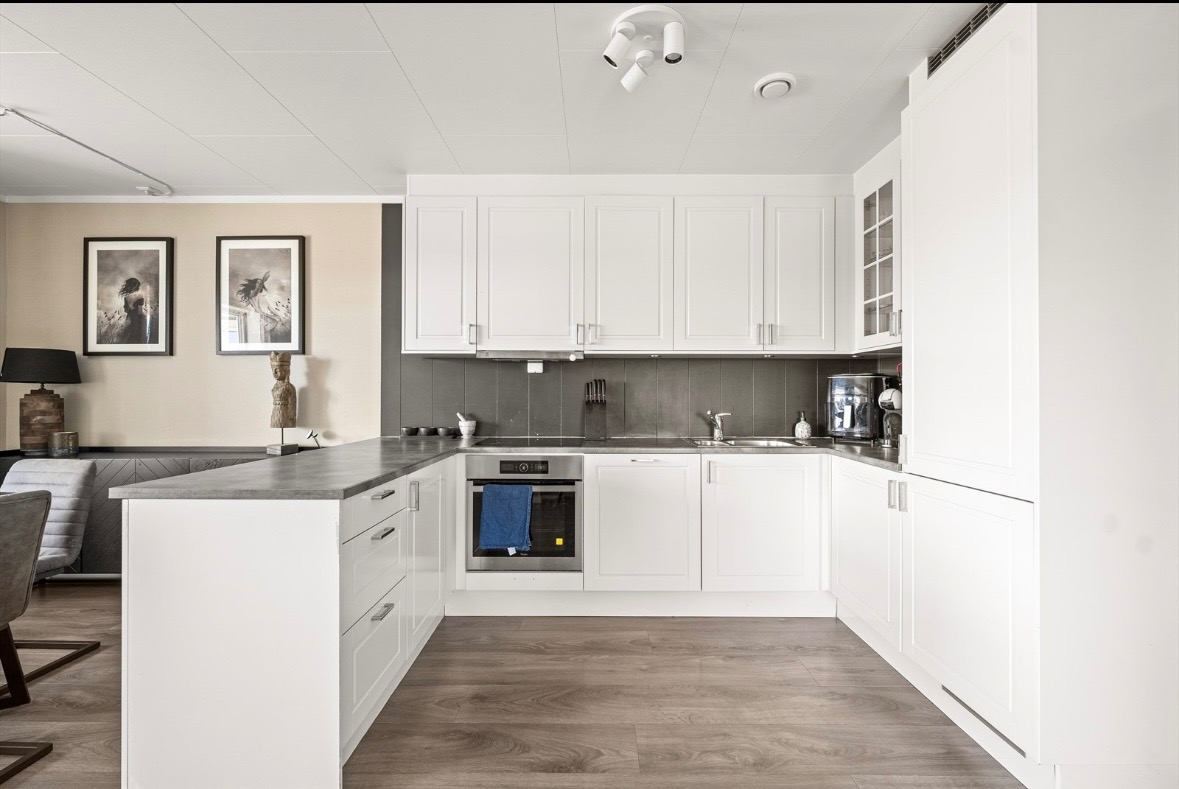 Kjøkkenet har integrert hvitevarer som stekeplater , komfyr, kjøleskap og oppvaskmaskin.