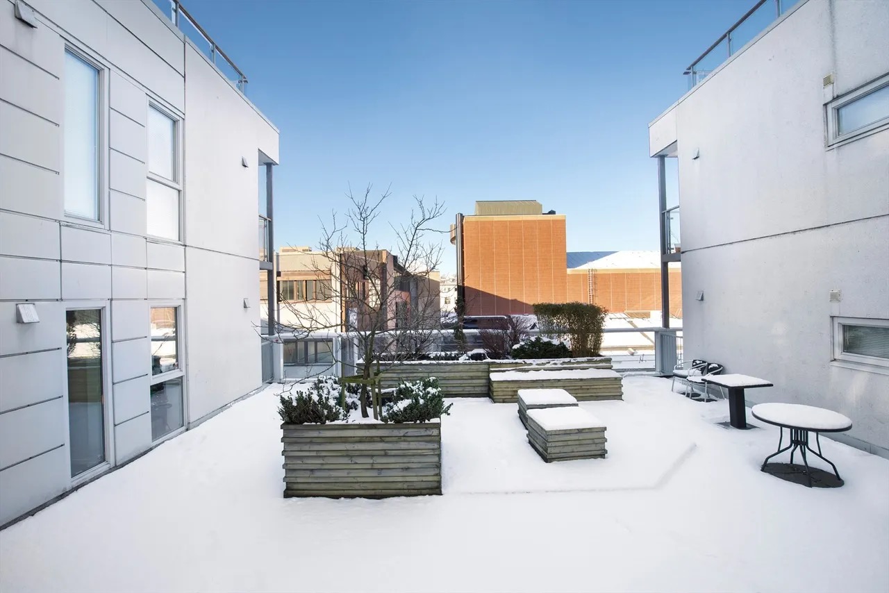 Fellesareal (lite brukt)
De to vinduene nederst til venstre hører til leiligheten. 