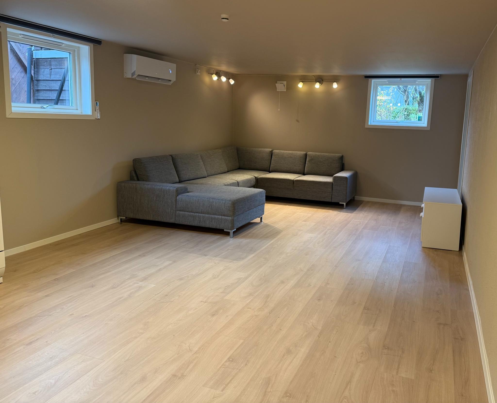 Stor og flott stue med god takhøyde. Her har man plass til spisebord.