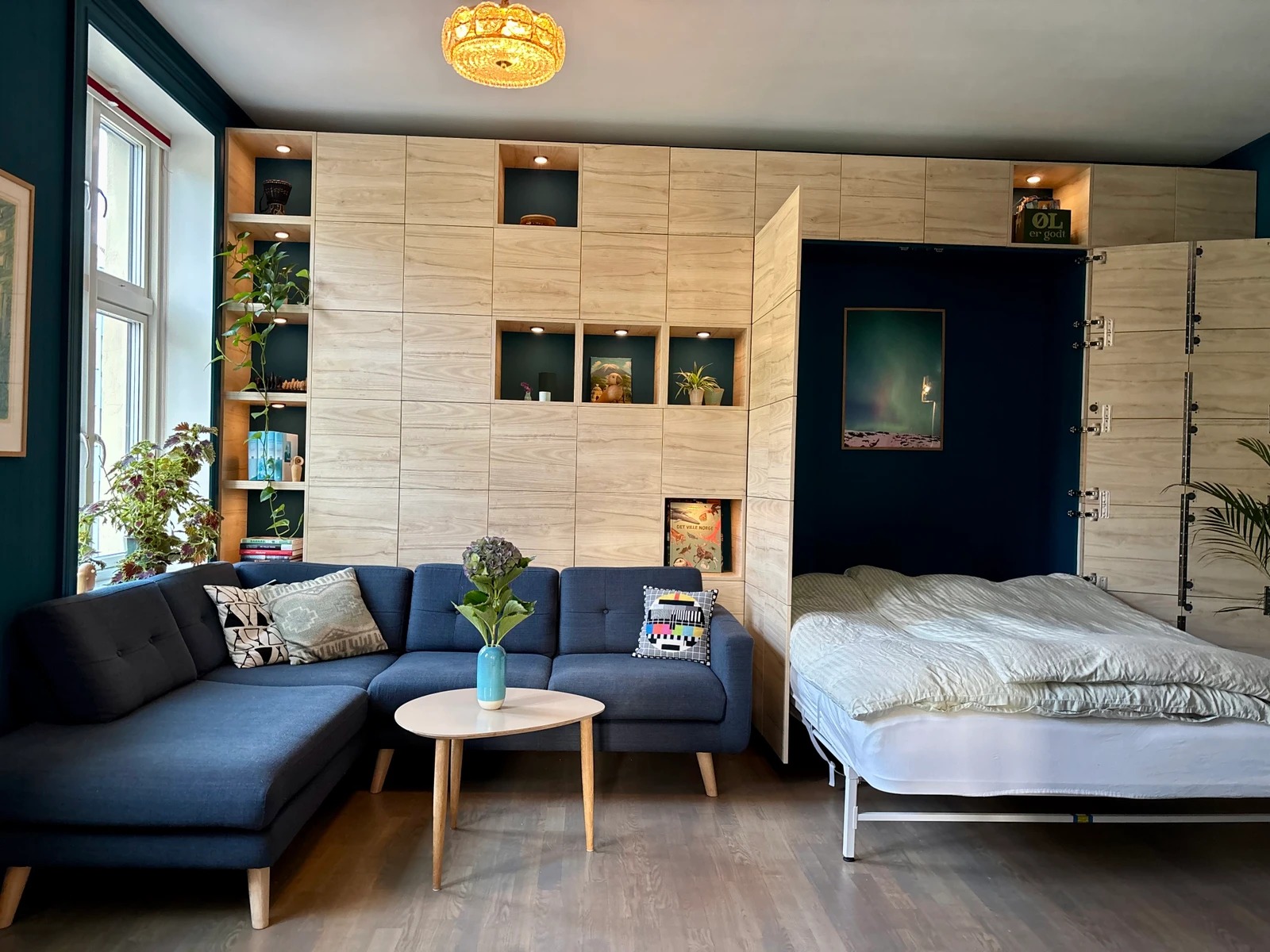 Det innebygde skapet har nedfellbar komfortabel dobbeltseng.