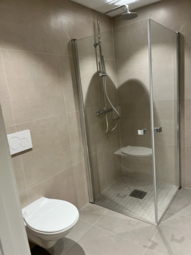 veggmontert toalett, dusjvegger av laminert glass og takdusj 