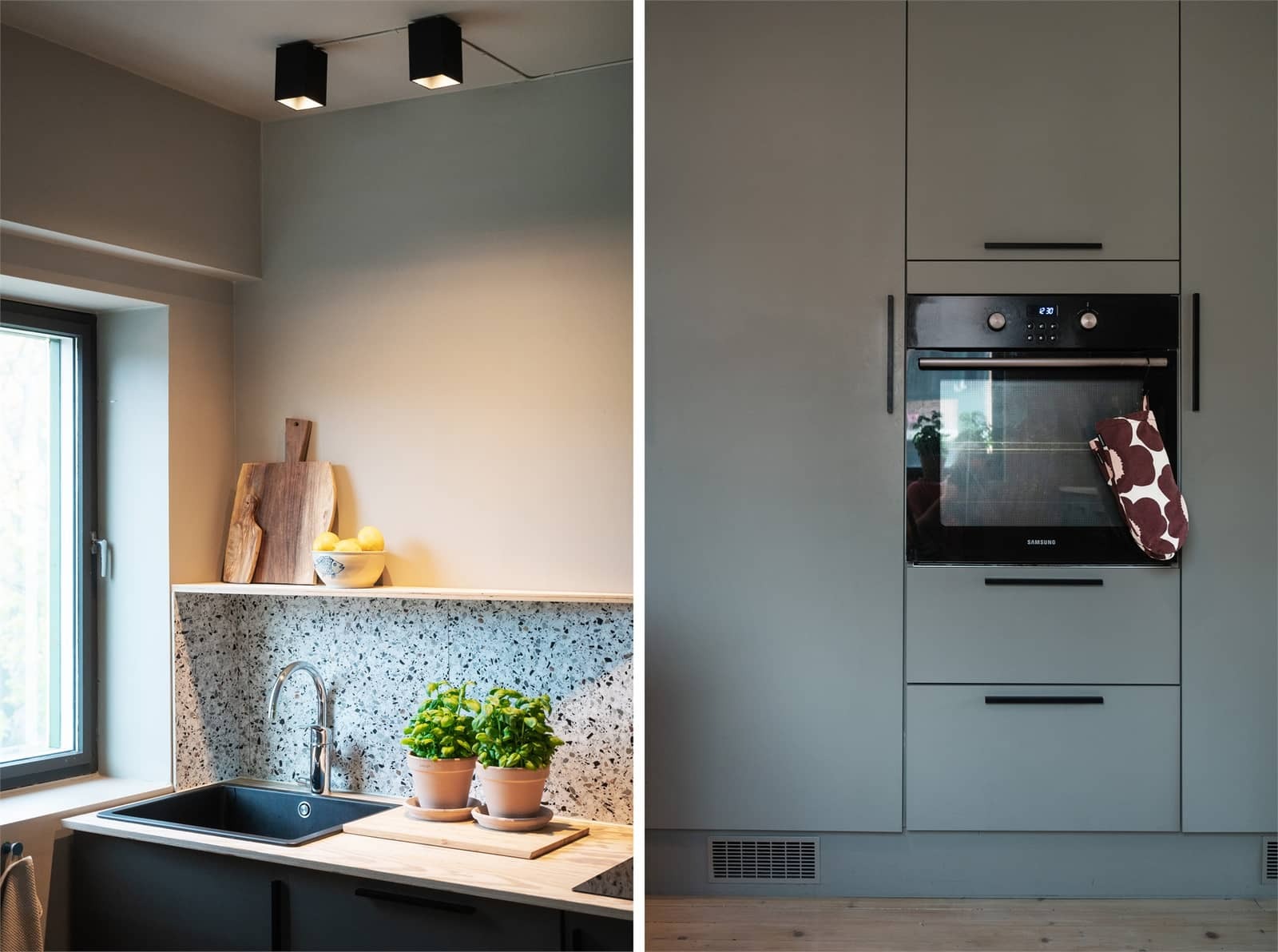 Kjøkkenet er velutstyrt med induksjonstopp, stekeovn i høyskap, oppvaskmaskin, kjøleskap, fryser og vinhylle.
