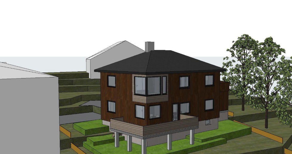 3D Modell av baksiden, med planlagt terrasse.
