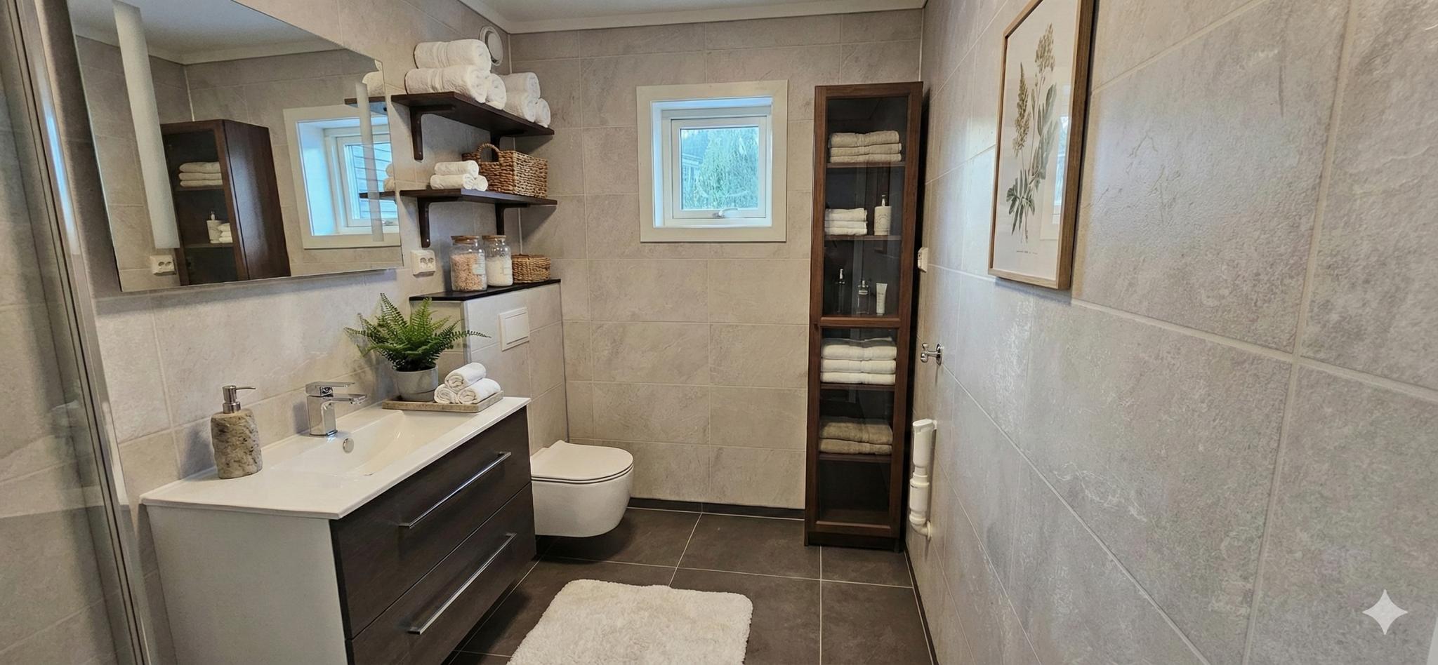 (redigert for inspirasjon) Badet er romslig og har opplegg til vaskemaskin.