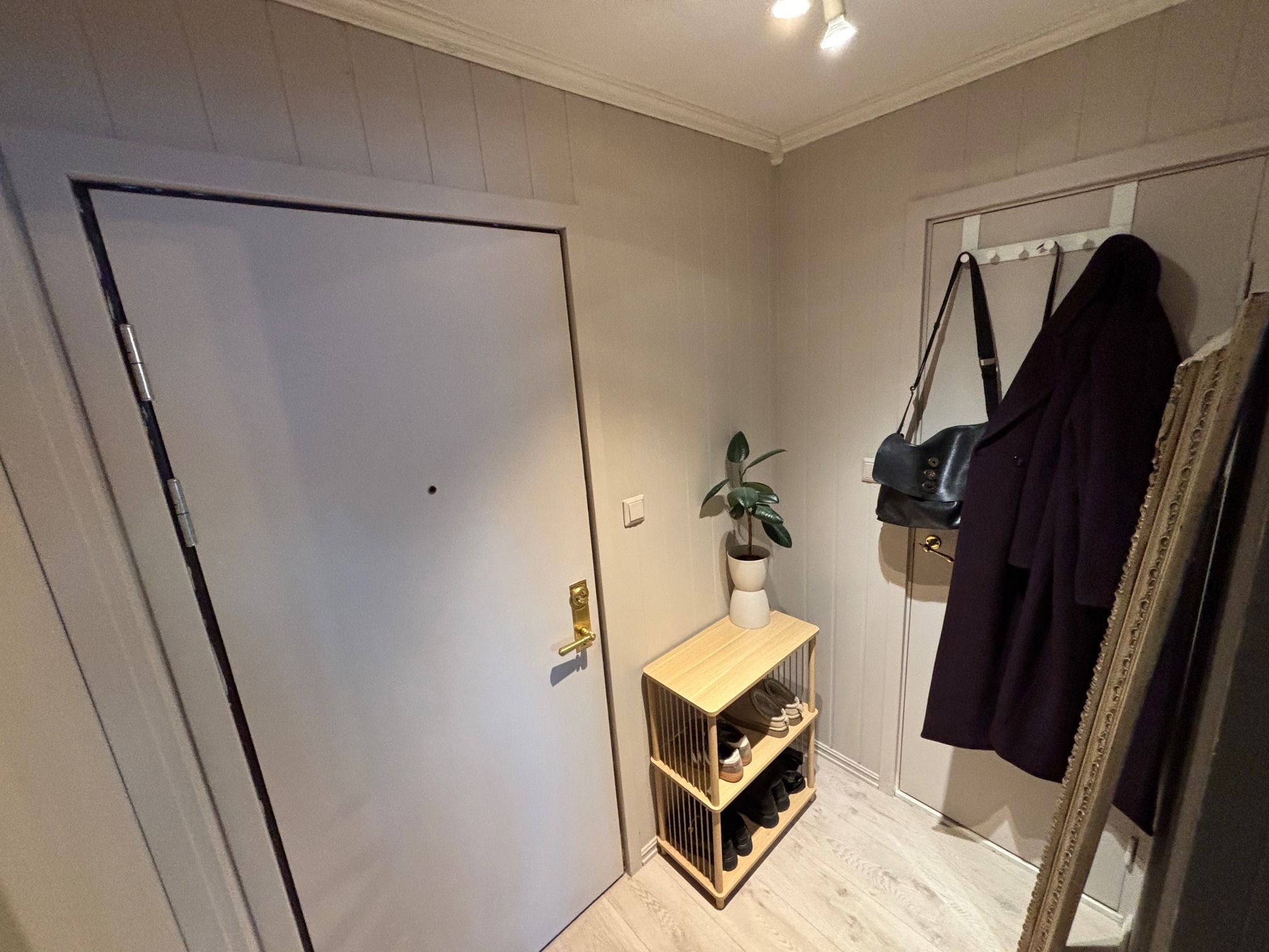 Inngang med skooppbevaring, speil og oppheng til jakker