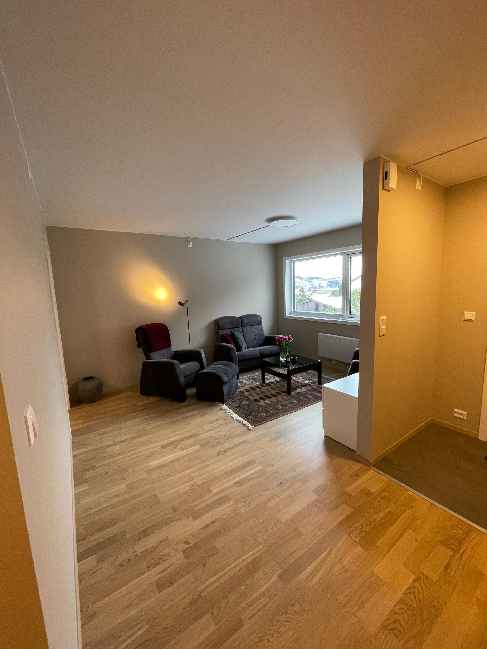 Stue. Her kommer det på plass spisebord snart. 