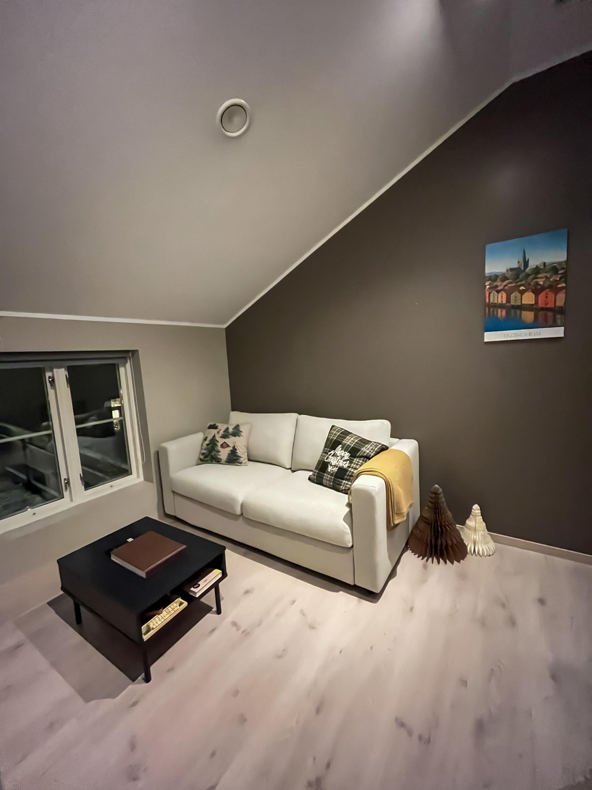 Koselig liten stue med en komfortabel sovesofa og TV inkl. i leien.