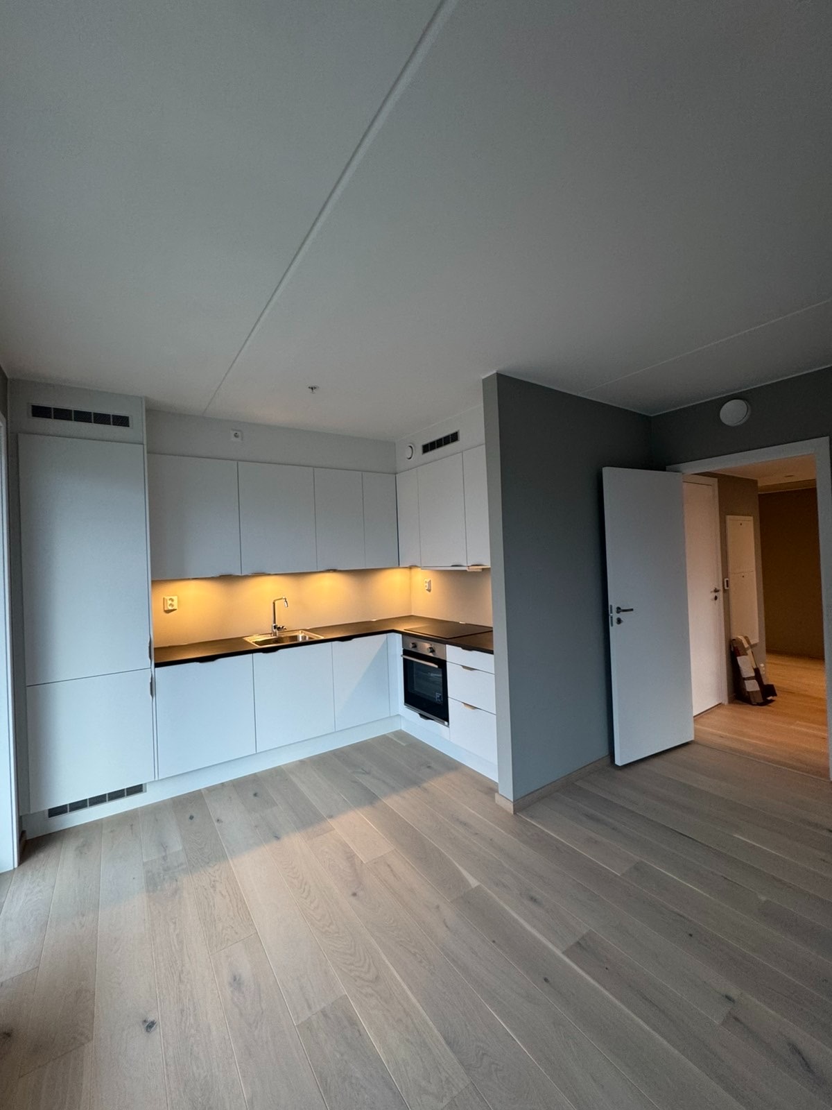 Kjøkken;
Moderne kjøkken med integrerte hvitevarer.