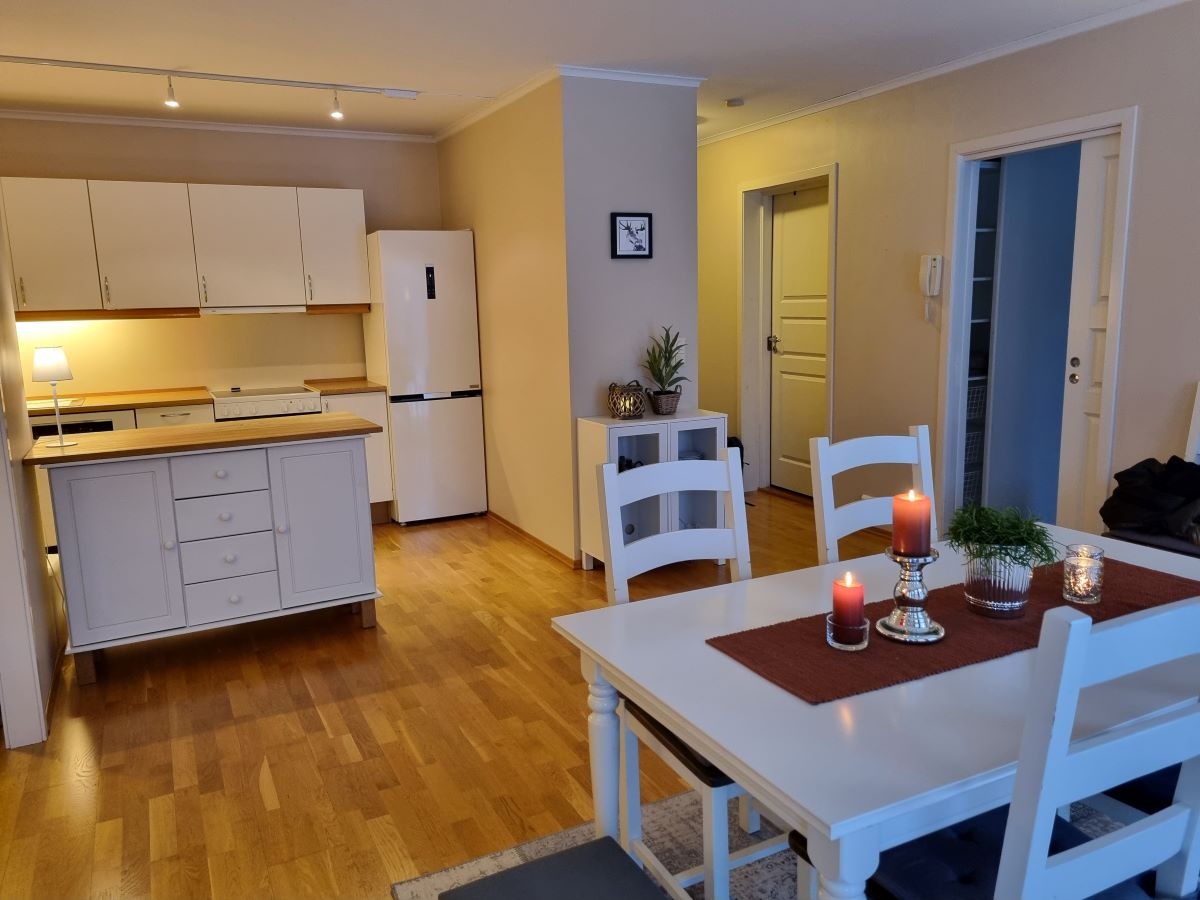 bildet tatt fra terrassedør mot soverom, bad og inngang.