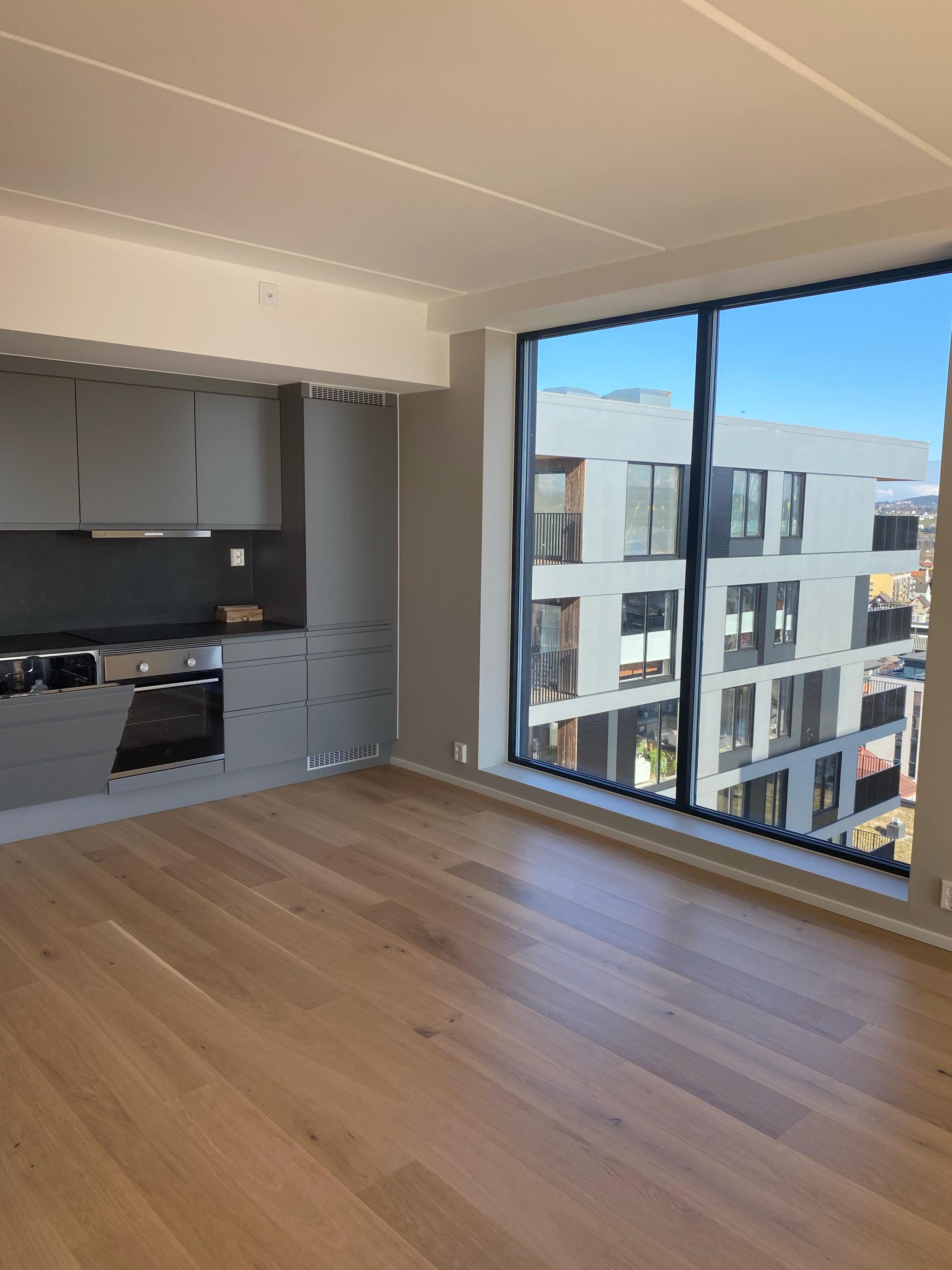 Åpent konsept for kjøkken og spiseområdet med vakkert utsikt