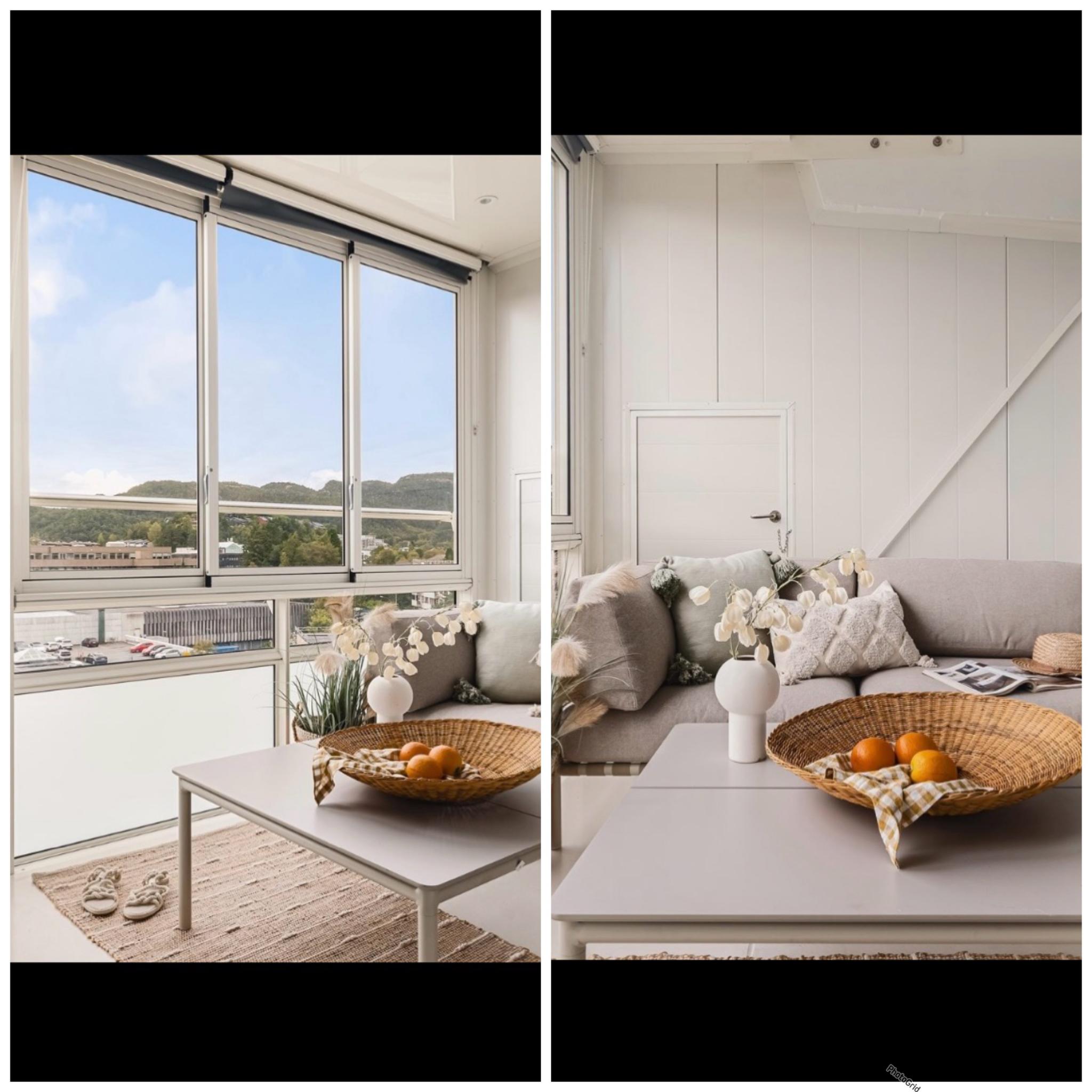 innglasset balkong ca 8 kvm. 
Dett er en litt eldre bildet av balkongen. 