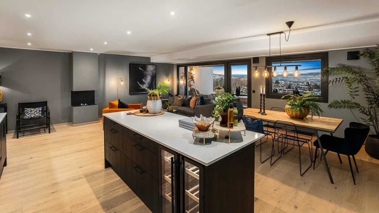 Stue med kjøkkenøy og vinskap