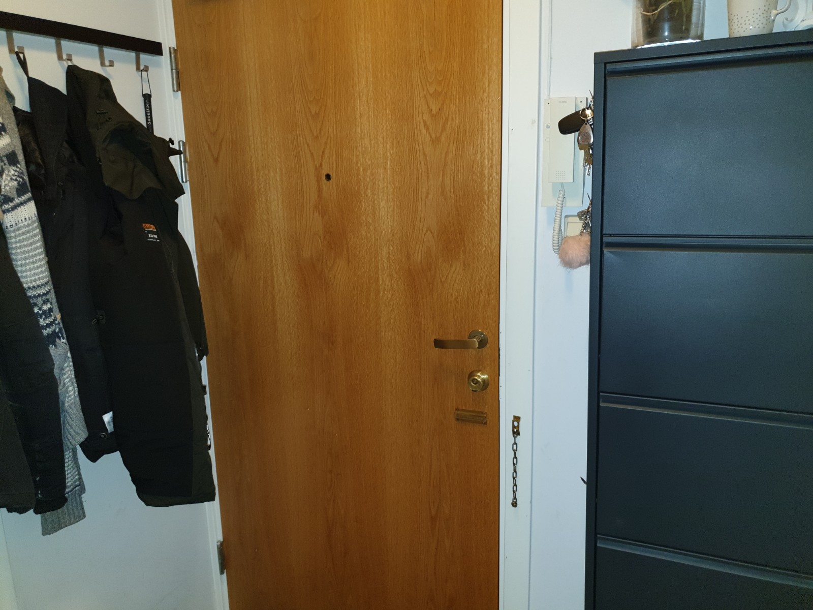 Entré med skoskap og knaggrekke. I tillegg et innebygd skap vis a vis inngangsdøra