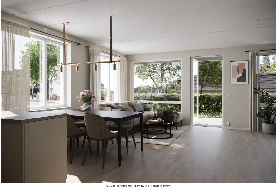 Åpen stue- og kjøkkenløsning med gode møbleringsmuligheter.