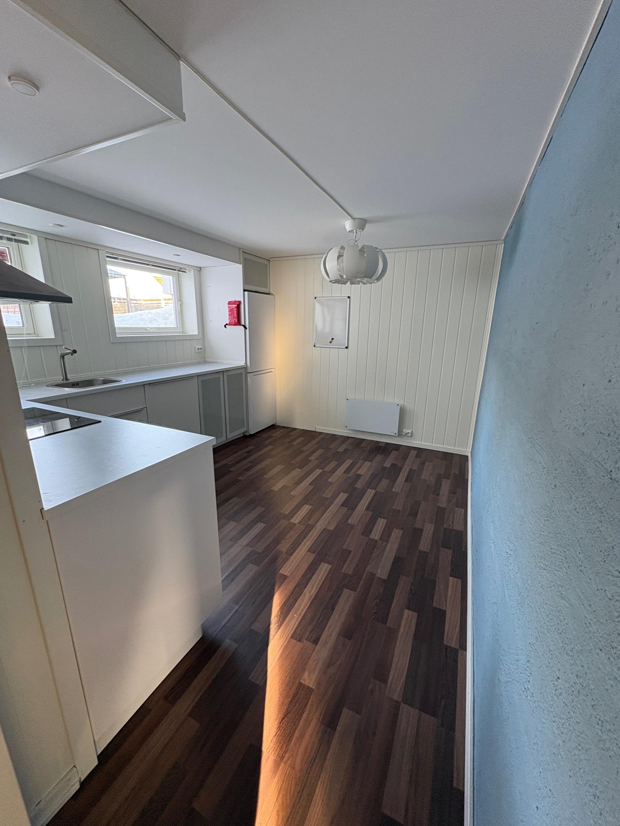 Kjøkken med kjøl/frysskap, oppvaskmaskin, stekeovn og induksjonsplatetopp