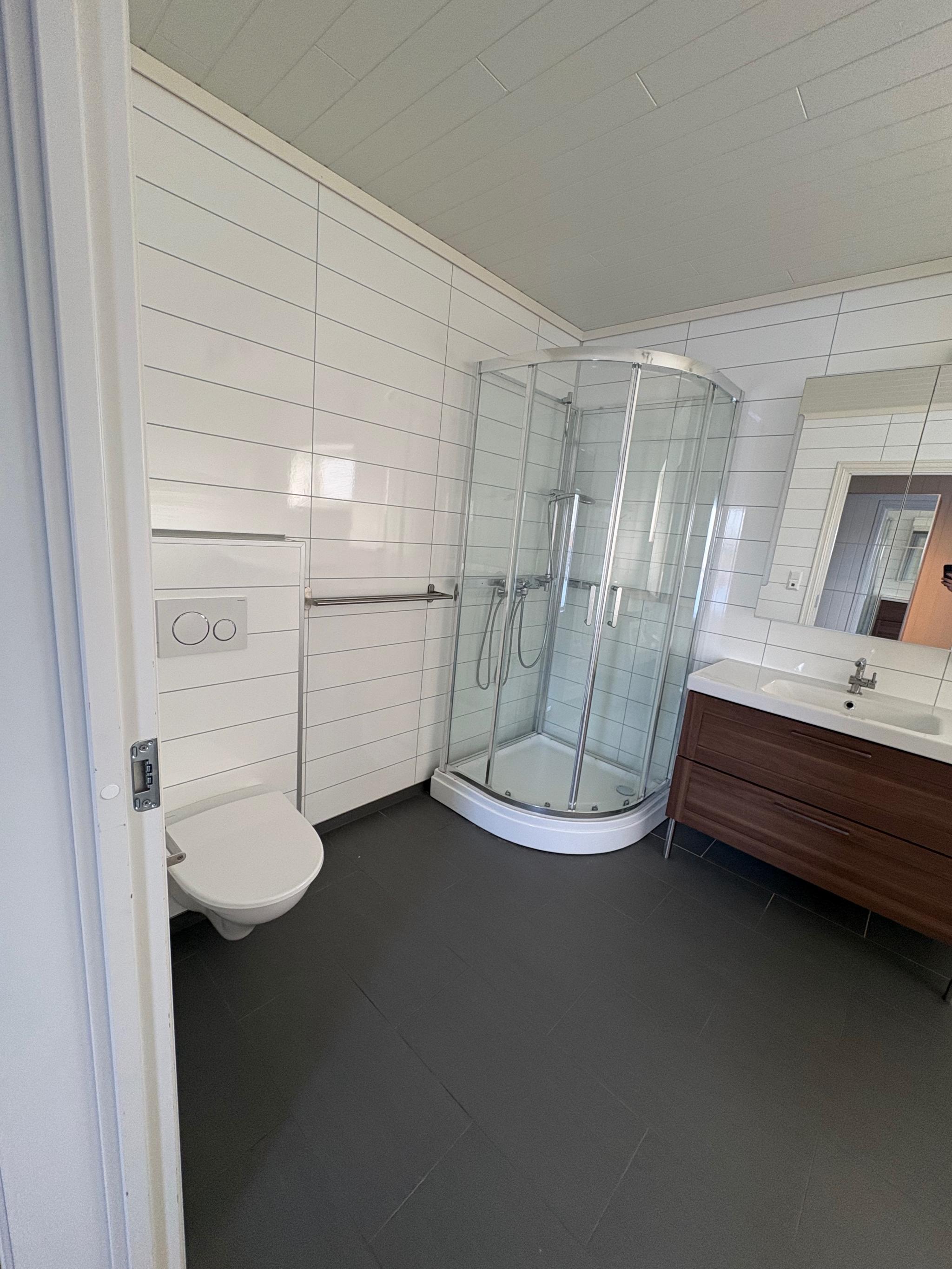 Bad med toalett, dusj, servant, bord og skap