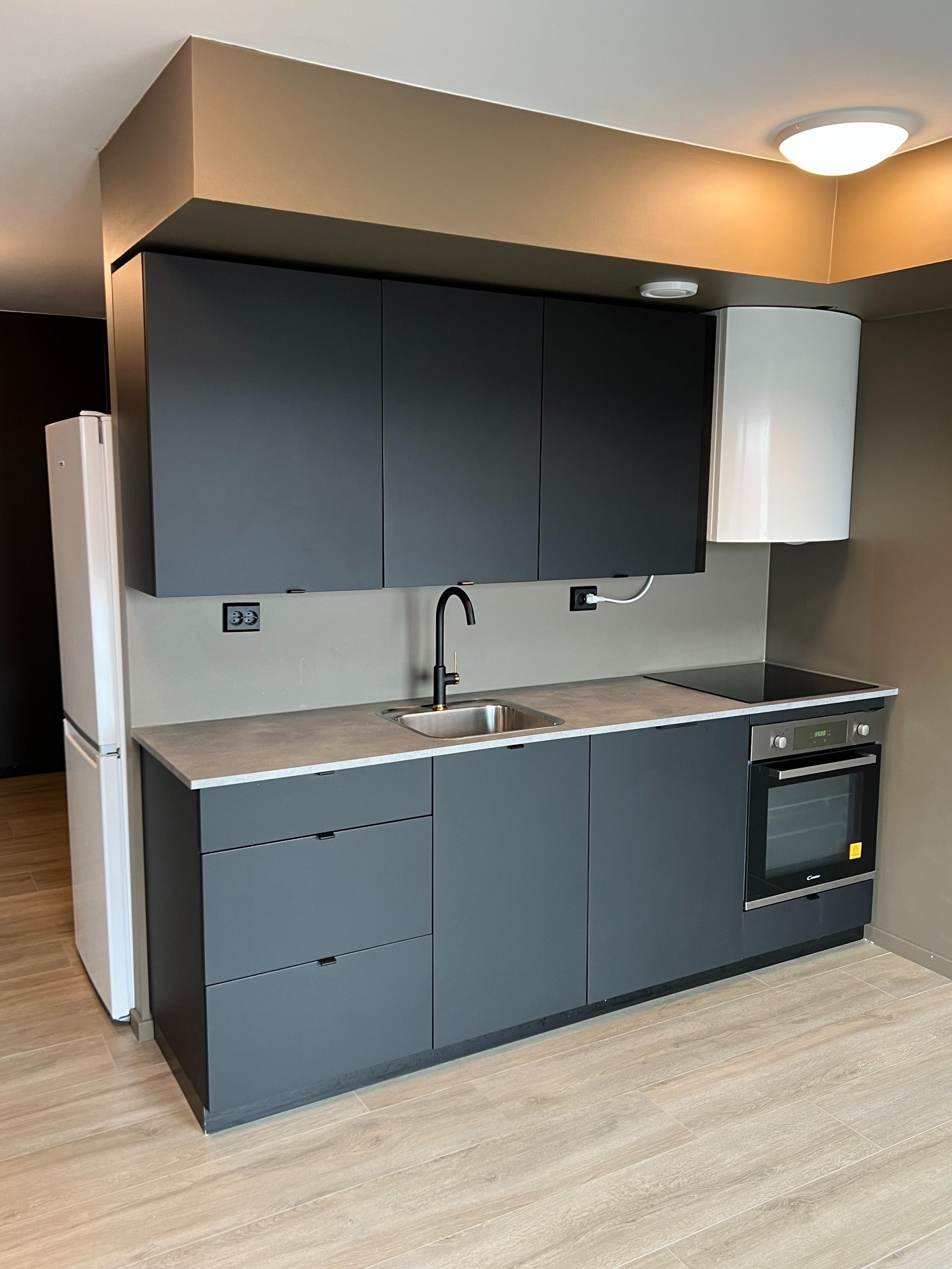 Kjøkken med oppvaskmaskin, plate topp, stekeovn, kjøleskap og fryser