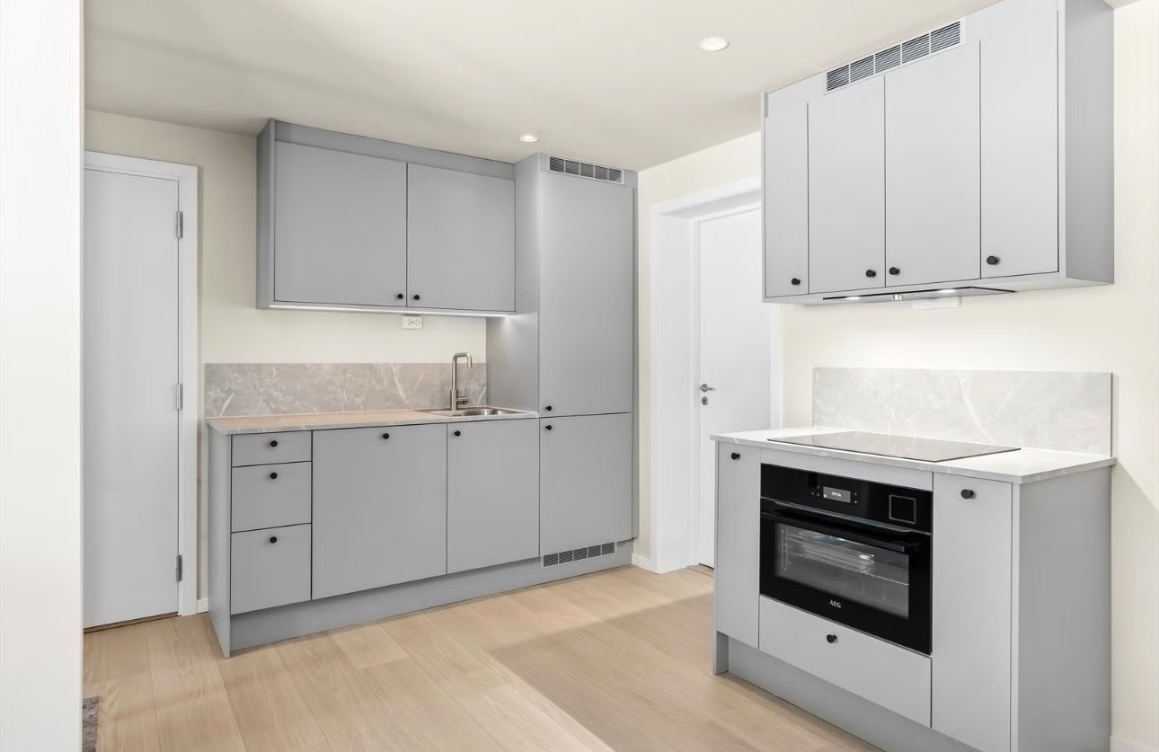 Moderne Aubo-kjøkken fra 2025 med integrerte hvitevarer, platetopp og stekeovn.