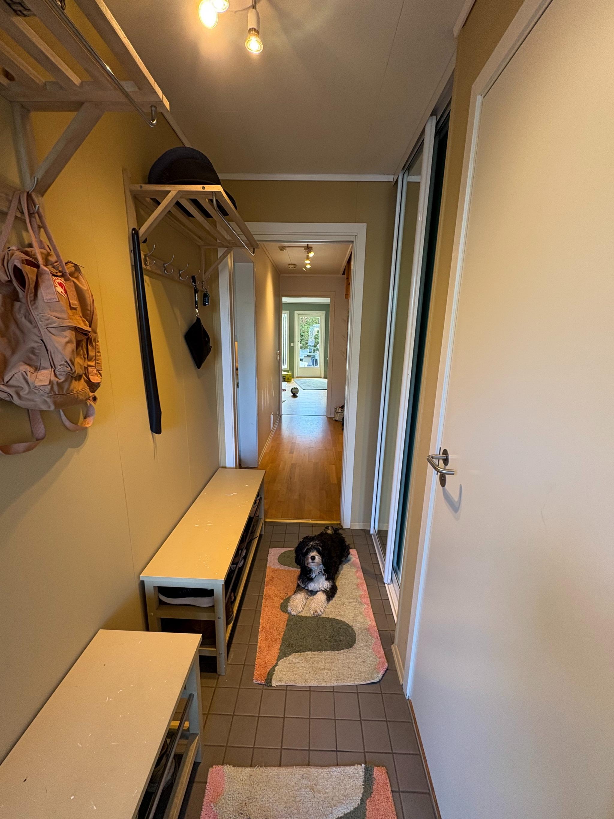 Entre med god plass til oppbevaring av sko og yttertøy og skyvedørsgarderobe.