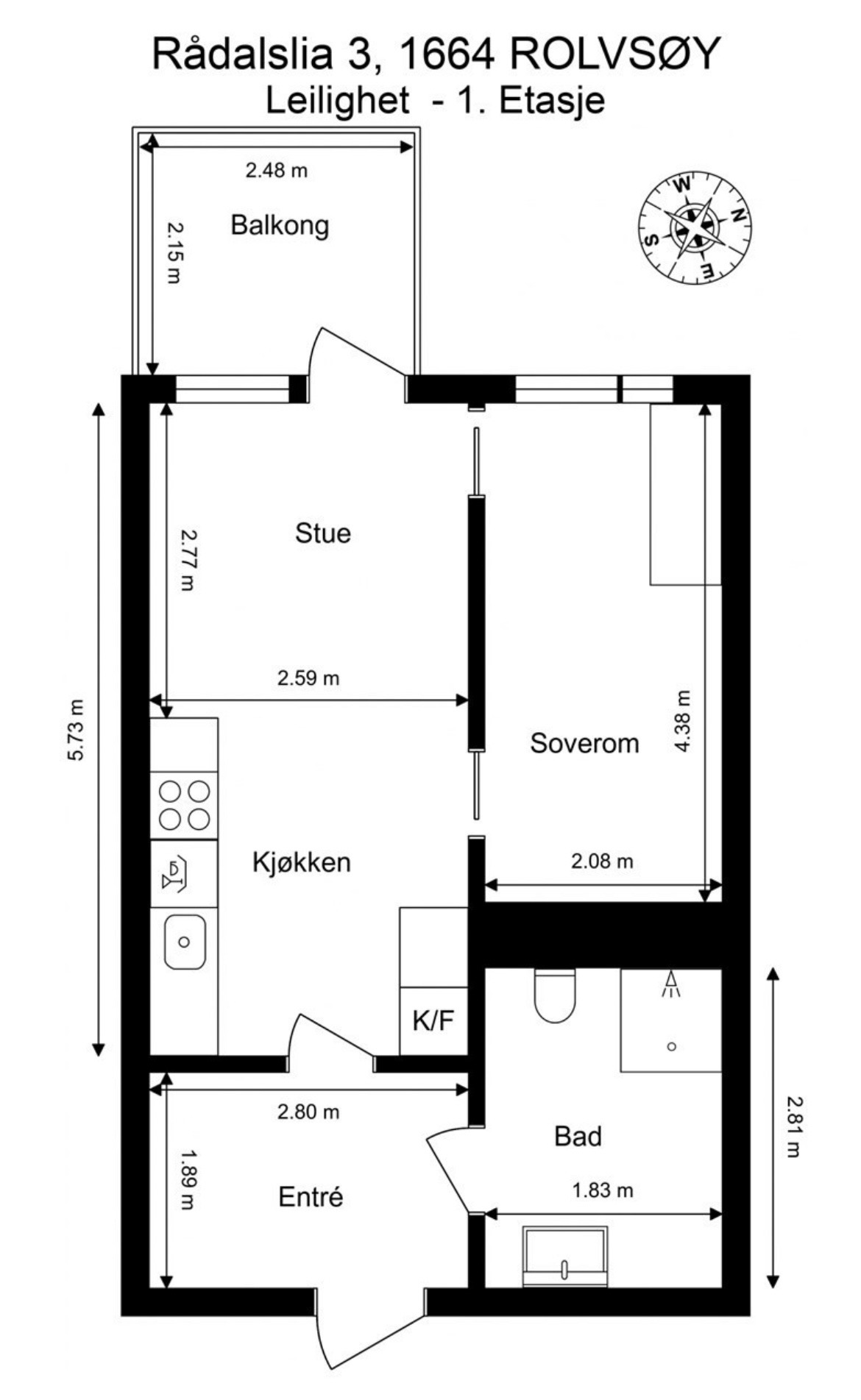 Planløsning avviker fra bilde da skyvedøren fra kjøkkenet inn til soverom er tettet igjen