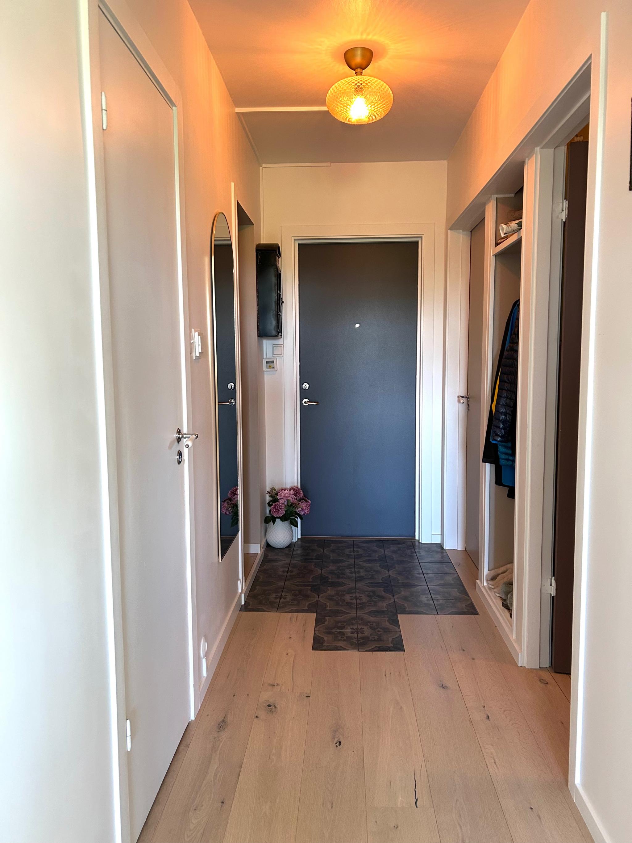 Inngangsparti med en liten bod/garderobe på venstre side, samt et lite skap på høyre side. 